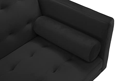 Velvet Futon Sofa Bed with 5 Golden Metal Legs, Sleeper Sofa Couch with Two Pillows, Convertible Loveseat for Living Room and Bedroom (Black)