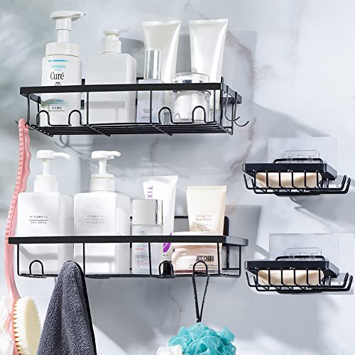 Yueranhu 4-Pack Shower Caddy bathroom wall organizer, Adhesive Bathroom shelf with hooks, No Drilling Soap Shampoo Holder Shower Shelf, Bathroom Accessories, Kitchen Shelf Rack, Black