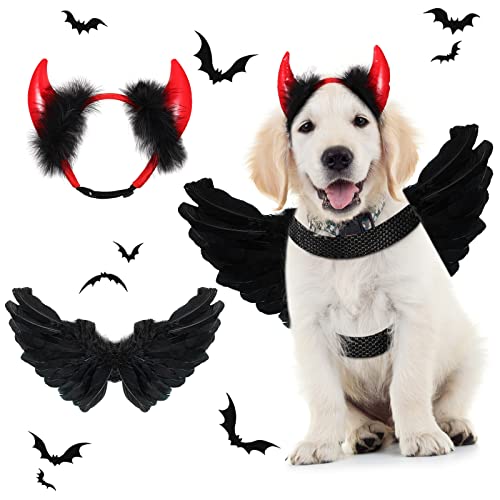 Vicenpal 2 Pcs Dog Devil Costume Halloween Pet Costume Devil Angel Black Wing Horn Headband for Middle Dog Cosplay Party Decoration Funny Gift Cute Pet Dress up Accessories