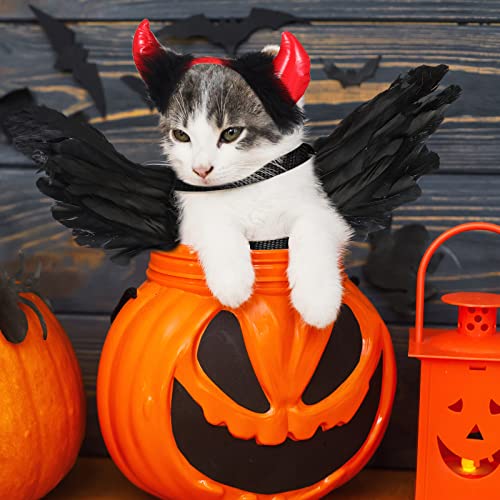 Vicenpal 2 Pcs Dog Devil Costume Halloween Pet Costume Devil Angel Black Wing Horn Headband for Middle Dog Cosplay Party Decoration Funny Gift Cute Pet Dress up Accessories