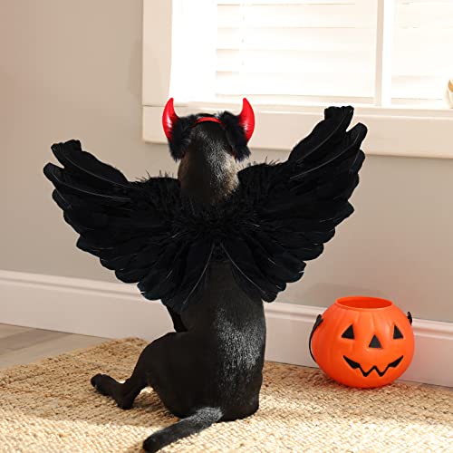 Vicenpal 2 Pcs Dog Devil Costume Halloween Pet Costume Devil Angel Black Wing Horn Headband for Middle Dog Cosplay Party Decoration Funny Gift Cute Pet Dress up Accessories