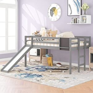citylight twin loft bed with slide, low loft bed frame with chalkboard, wood kids loft bed twin with under-bed space storage for girls, boys (grey, twin)