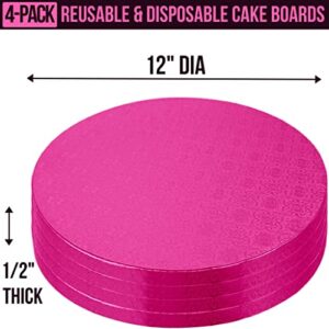 12 Inch Cake Boards - 4 Pack Cake Drums 12 Inch Dia - Disposable Pink Cake Board Circles - Reusable Round Cake Boards - Cake Base Cardboard Cake Rounds - Cake Decorating Supplies & Baking Supplies