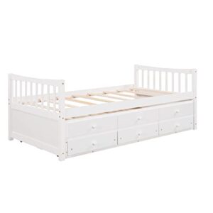 Twin Daybed with Trundle and Storage Drawers Wood Twin Size Bed Frame with 3 Drawers Wooden Platform Beds for Kids Boys Girls Teens, White