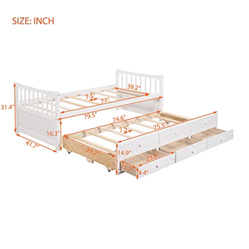 Twin Daybed with Trundle and Storage Drawers Wood Twin Size Bed Frame with 3 Drawers Wooden Platform Beds for Kids Boys Girls Teens, White