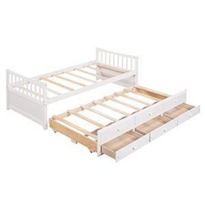 Twin Daybed with Trundle and Storage Drawers Wood Twin Size Bed Frame with 3 Drawers Wooden Platform Beds for Kids Boys Girls Teens, White