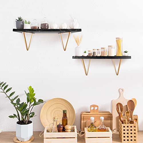 Black Floating Shelves, Wood Wall Mounted Floating Boards, Marbling Wall Shelves with Metal Brackets for Bedroom, Bathroom, Living Room, Kitchen, Laundry Room, Floating Shelves for Wall Decor Set of 2