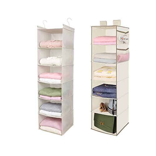 MAX Houser 6 Tier Shelf Hanging Closet Organizer, Closet Hanging Shelf with 2 Sturdy Hooks for Storage, Foldable,Beige and Beige2