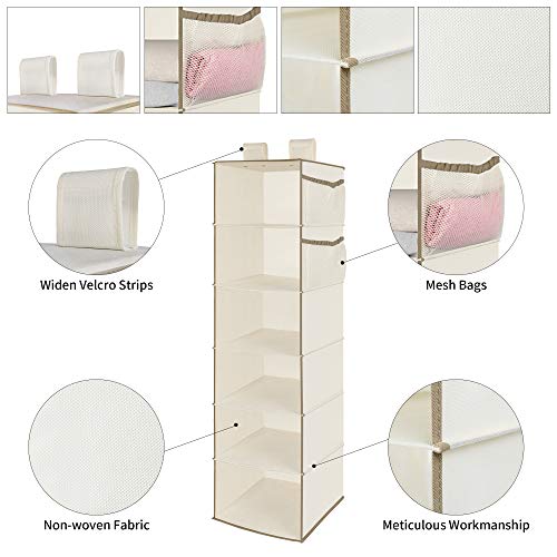 MAX Houser 6 Tier Shelf Hanging Closet Organizer, Closet Hanging Shelf with 2 Sturdy Hooks for Storage, Foldable,Beige and Beige2