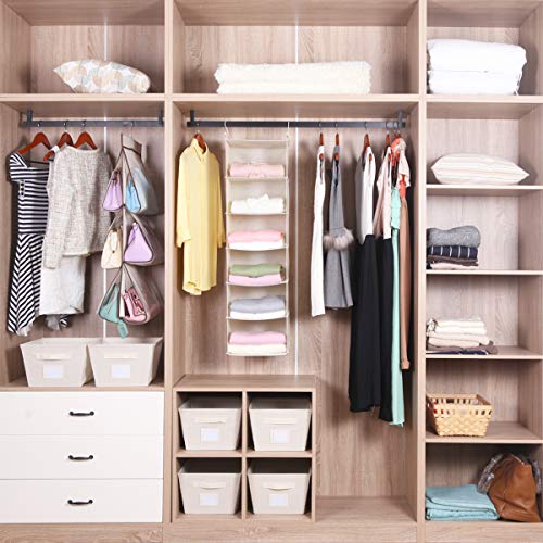 MAX Houser 6 Tier Shelf Hanging Closet Organizer, Closet Hanging Shelf with 2 Sturdy Hooks for Storage, Foldable,Beige and Beige2
