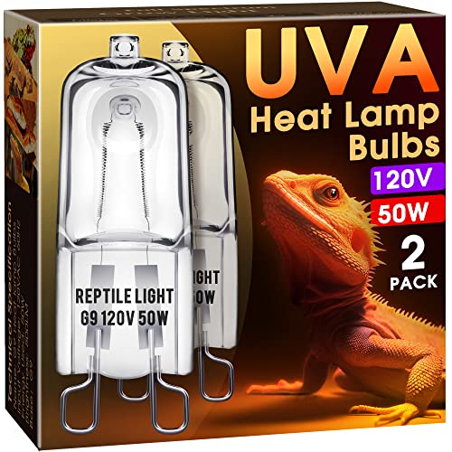 Briignite G9 Heat Lamp Bulbs for Reptile, Mini Reptile Light, Dimmable G9 Mini Heat Bulb Warm White 50W, 2 Pin Base UVA Reptile Heat Lamp, Bearded Dragon Gecko Turtle Lizard, 2 Pack