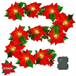 dazzle bright 2 pack 7 ft christmas poinsettia flowers garland decorations, 10 led lighted artificial velvet string lights with red berries, xmas ornaments for indoor outdoor fireplace decor