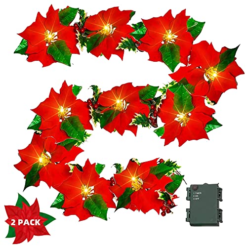 Dazzle Bright 2 Pack 7 FT Christmas Poinsettia Flowers Garland Decorations, 10 LED Lighted Artificial Velvet String Lights with Red Berries, Xmas Ornaments for Indoor Outdoor Fireplace Decor