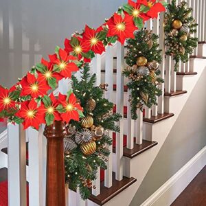 Dazzle Bright 2 Pack 7 FT Christmas Poinsettia Flowers Garland Decorations, 10 LED Lighted Artificial Velvet String Lights with Red Berries, Xmas Ornaments for Indoor Outdoor Fireplace Decor