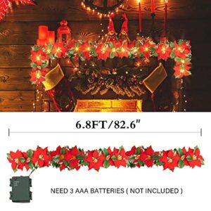 Dazzle Bright 2 Pack 7 FT Christmas Poinsettia Flowers Garland Decorations, 10 LED Lighted Artificial Velvet String Lights with Red Berries, Xmas Ornaments for Indoor Outdoor Fireplace Decor