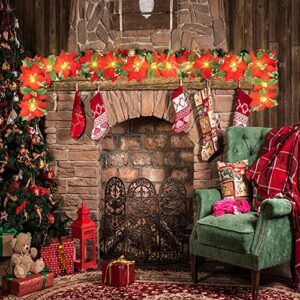 Dazzle Bright 2 Pack 7 FT Christmas Poinsettia Flowers Garland Decorations, 10 LED Lighted Artificial Velvet String Lights with Red Berries, Xmas Ornaments for Indoor Outdoor Fireplace Decor