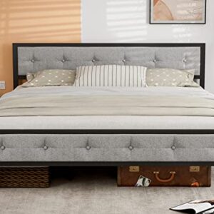 IKIFLY Metal California King Size Bed Frame with Upholstered Linen Headboard Footboard, Mattress Foundation, Heavy Duty Metal Slats, Easy Assembly, No Box Spring Needed - Light Grey/Cal King