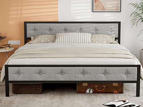 IKIFLY Metal California King Size Bed Frame with Upholstered Linen Headboard Footboard, Mattress Foundation, Heavy Duty Metal Slats, Easy Assembly, No Box Spring Needed - Light Grey/Cal King