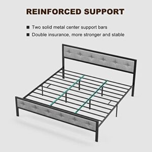 IKIFLY Metal California King Size Bed Frame with Upholstered Linen Headboard Footboard, Mattress Foundation, Heavy Duty Metal Slats, Easy Assembly, No Box Spring Needed - Light Grey/Cal King