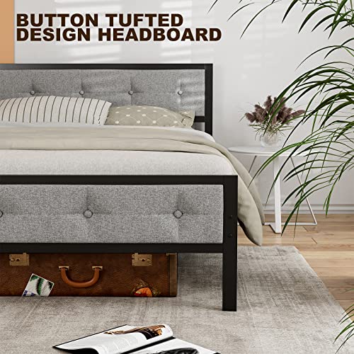 IKIFLY Metal California King Size Bed Frame with Upholstered Linen Headboard Footboard, Mattress Foundation, Heavy Duty Metal Slats, Easy Assembly, No Box Spring Needed - Light Grey/Cal King