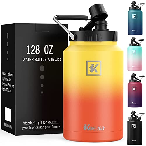 Insulated Water Bottle with Double Walled, Koeka One Gallon Wide Mouth Vacuum Insulated Leak Proof Stainless Steel Thermos with Straw, 128OZ Thermo Mug, Hot Cold, Hiking, Sports, Outdoor, Fire Cloud