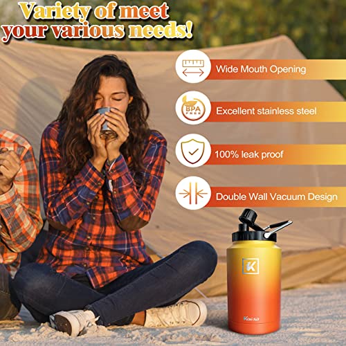 Insulated Water Bottle with Double Walled, Koeka One Gallon Wide Mouth Vacuum Insulated Leak Proof Stainless Steel Thermos with Straw, 128OZ Thermo Mug, Hot Cold, Hiking, Sports, Outdoor, Fire Cloud