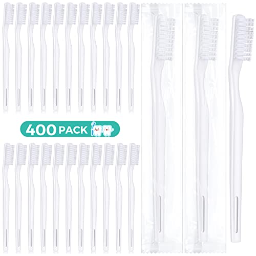 Yetene 400 Pack Individually Wrapped Disposable Toothbrush Hard Bristle Adult Manual Tooth Brush Travel Toothbrushes Single Use for Women Men Hotels Guest Rooms, White, 1.0 Count