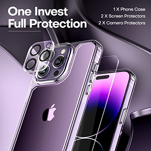 TAURI for iPhone 14 Pro Max Case, [5 in 1] 1X Clear Case [Not-Yellowing] with 2X Tempered Glass Screen Protector + 2X Camera Lens Protector, [Military-Grade Drop Protection] Phone Case 6.7 Inch