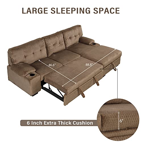 Melpomene Upholstered Sleeper Sofa, Modern Put-Out Sofa Bed with Storage Chaise and Cup Holder(Brown)