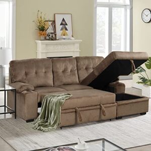melpomene upholstered sleeper sofa, modern put-out sofa bed with storage chaise and cup holder(brown)