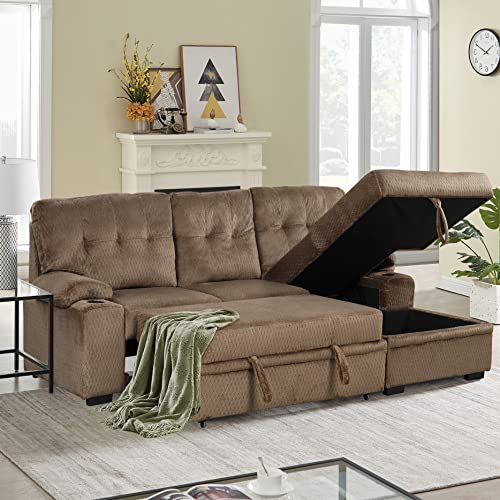 Melpomene Upholstered Sleeper Sofa, Modern Put-Out Sofa Bed with Storage Chaise and Cup Holder(Brown)