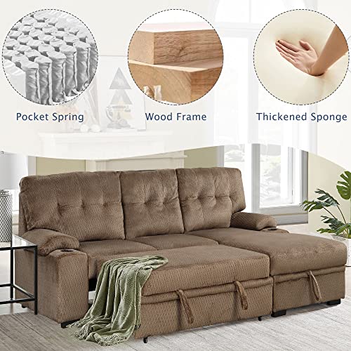 Melpomene Upholstered Sleeper Sofa, Modern Put-Out Sofa Bed with Storage Chaise and Cup Holder(Brown)