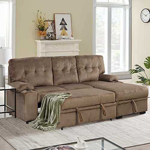 Melpomene Upholstered Sleeper Sofa, Modern Put-Out Sofa Bed with Storage Chaise and Cup Holder(Brown)