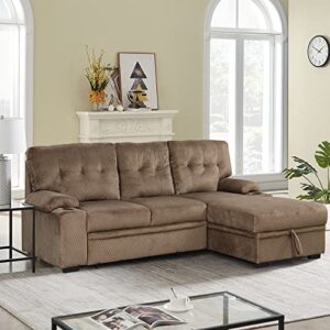 Melpomene Upholstered Sleeper Sofa, Modern Put-Out Sofa Bed with Storage Chaise and Cup Holder(Brown)