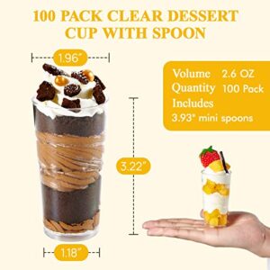 JOLLY CHEF 100 Pack 2.6 oz Mini Dessert Cups with Spoons, Clear Plastic Pudding Appetizer Cups for Party - Small Reusable Serving Bowl Ideal for Christmas Halloween Wedding