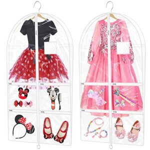 sdawin 40'' clear kids dance costume garment bags for dancers with 6 pockets, pvc waterproof 3.3" gussetes for girls and boy travel clothes organizer, 2 pack