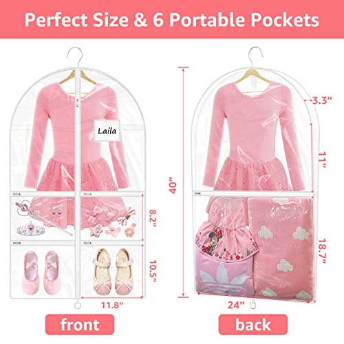 SDAWIN 40'' Clear Kids Dance Costume Garment Bags for Dancers with 6 pockets, PVC Waterproof 3.3" Gussetes for Girls and Boy Travel Clothes Organizer, 2 pack