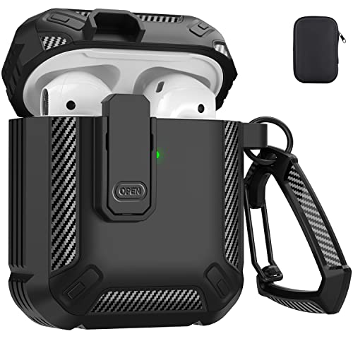 Maxjoy for AirPods Case Cover, Airpods 2 Protective Case with Lock Gen 2 Military Hard Shell Rugged Shockproof Cover with Keychain Compatible with Apple Airpods 2nd Airpods 1st Generation, Black