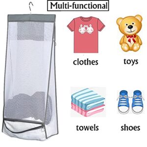 Jelier Hanging Mesh Laundry Basket,Collapsible Fabric Laundry Hamper with Rotatable Hanger,Portable Storage Bag for Apartment,RV,Camper,Cabin,College Dorm Use (gray)