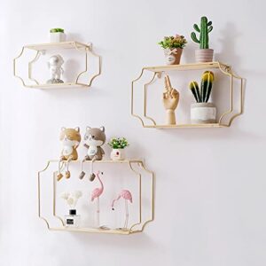 dianhengmi rectangular floating shelves wall decor, gold metal wire and wood wall mounted large space storage shelf home decorations art for bedroom living room kitchen bathroom, set of 3