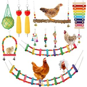 12 pcs chicken toys for chicks coop accessories, chicken swing ladder perch roosts, xylophone toy, mirror toy, chicken vegetable fruits string bag, pecking toys and hanging feeders for hens in coop