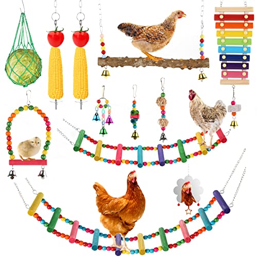 12 PCS Chicken Toys for Chicks Coop Accessories, Chicken Swing Ladder Perch Roosts, Xylophone Toy, Mirror Toy, Chicken Vegetable Fruits String Bag, Pecking Toys and Hanging Feeders for Hens in Coop