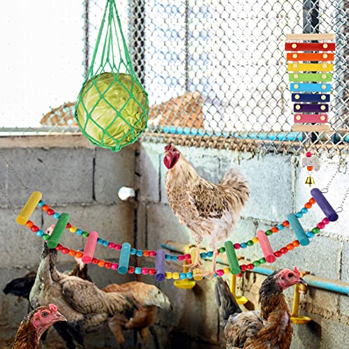 12 PCS Chicken Toys for Chicks Coop Accessories, Chicken Swing Ladder Perch Roosts, Xylophone Toy, Mirror Toy, Chicken Vegetable Fruits String Bag, Pecking Toys and Hanging Feeders for Hens in Coop