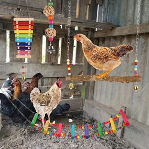 12 PCS Chicken Toys for Chicks Coop Accessories, Chicken Swing Ladder Perch Roosts, Xylophone Toy, Mirror Toy, Chicken Vegetable Fruits String Bag, Pecking Toys and Hanging Feeders for Hens in Coop