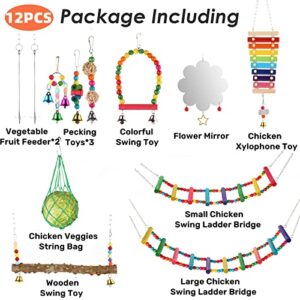 12 PCS Chicken Toys for Chicks Coop Accessories, Chicken Swing Ladder Perch Roosts, Xylophone Toy, Mirror Toy, Chicken Vegetable Fruits String Bag, Pecking Toys and Hanging Feeders for Hens in Coop