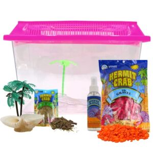 reptile and hermit crab supplies, food pouch, habitat, neon gravel, mister trainer, and seashell palm tree accessory, all in one starter pack, 5 items