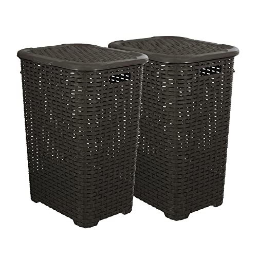 Plastic Laundry Hamper with Lid Laundry Hamper Basket, Brown 2 Pack Tall Cloths Hamper Organizer with Cut-out Handles. Space Saving for Laundry Room Bedroom Bathroom, Wicker Design 60 Liter