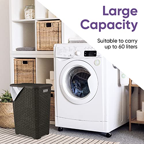 Plastic Laundry Hamper with Lid Laundry Hamper Basket, Brown 2 Pack Tall Cloths Hamper Organizer with Cut-out Handles. Space Saving for Laundry Room Bedroom Bathroom, Wicker Design 60 Liter