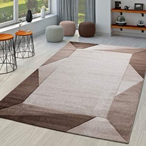 modern area rug bordered with geometric pattern in brown beige with contour cut, size: 5'3" x 7'7"