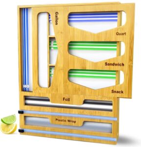 deepdive ziplock bag organizer and plastic wrap dispenser with cutter, 6 in 1 bamboo foil and plastic wrap organizer for kitchen drawer, ziplock bag storage organizer for gallon,quart,sandwich,snack